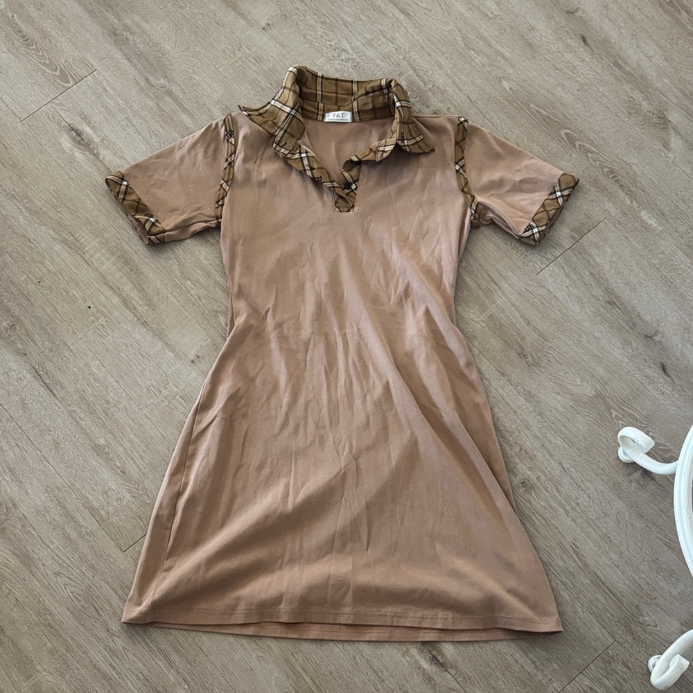 Plaid Collar Tan Dress